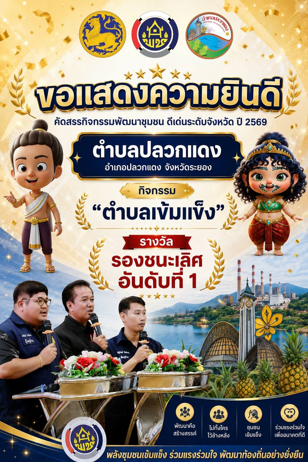 🎉 สำนักงานพัฒนาชุมชนอำเภอปลวกแดง ขอแสดงความยินดีกับความสำเร็จในการคัดสรรกิจกรรมพัฒนาชุมชนดีเด่น ระดับจังหวัด ประจำปี 2569